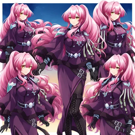 Exosister Martha, yellow eyes, pink hair, ponytail, long hair, Exosister Martha, yellow eyes, pink hair, ponytail, long hair, necklace, black gloves, purple capelet, purple dress, pantyhose, cross-laced footwear, thigh boots, uniform, belt