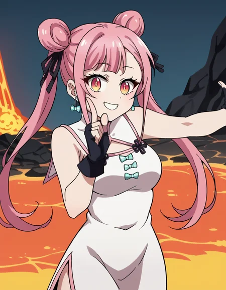 score_9, score_8_up, score_7_up, source_anime, <lora:tao-yuifa-s1-ponyxl-lora-nochekaiser:1>, tao yuifa, long hair, bangs, twintails, hair ribbon, pink hair, pink eyes, hair bun, double bun, medium breasts,, gloves, dress, bare shoulders, jewelry, earrings, black gloves, fingerless gloves, chinese clothes, china dress,, volcano, lava, rock, fire, smoke, smile, <lora:hoshino-ruby-dance-ponyxl-lora-nochekaiser:1>, hoshino ruby dance, finger wagging, index finger raised, dancing, outstretched arm,, looking at viewer, solo,, dutch angle, cowboy shot