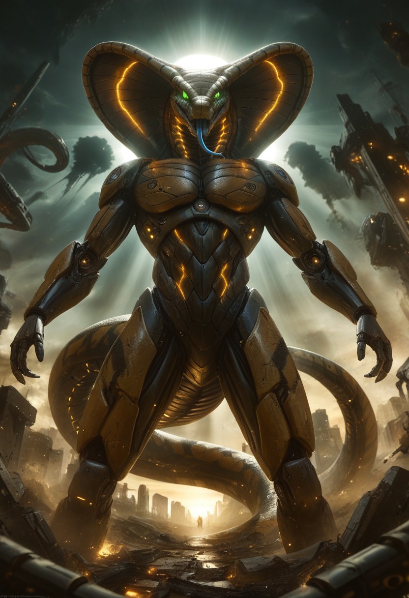 DonMX3n0T3chXL, anthropomorphic_snakes_(naga), futuristic robot snake, fully metal snake, mecha snake, giant mech robot snake, standing tall, Naruto_Manda, snake, slit pupils, green eyes, purple body, body markings, black eye markings, 2 pair of horns, black belly scales, blue tongue, forked tongue, low angle, dramatic lighting, volumetric lighting, ruined city background, detailed background, ruined sky scrapers in background, destroyed city background,