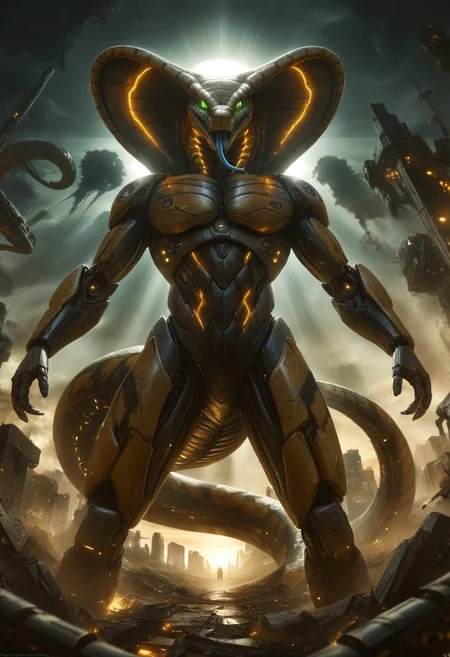 DonMX3n0T3chXL, anthropomorphic_snakes_(naga), futuristic robot snake, fully metal snake, mecha snake, giant mech robot snake, standing tall, Naruto_Manda, snake, slit pupils, green eyes, purple body, body markings, black eye markings, 2 pair of horns, black belly scales, blue tongue, forked tongue, low angle, dramatic lighting, volumetric lighting, ruined city background, detailed background, ruined sky scrapers in background, destroyed city background,