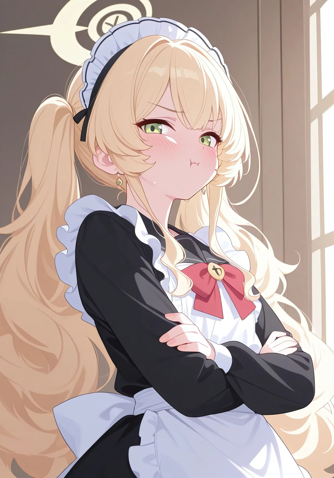 (best quality,8K, masterpiece：1.3),anime,very aesthetic, absurdres，featured ，finely detail，((extremely detailed)),illustration,Amazing,highres,intricate detail,female focus, (beautiful detailed girl)，

professor niyaniya (blue archive)，(round_cheeks,low_cheekbone,chin_curve, large_anime_eyes,emerald_green_eyes,blonde hair,yellow halo,long hair:1.3)，(green eyes with star pupils:1.1), (delicate blush:0.9), 

(((solo))),  ((looking at viewer)), anime girl,from side, nail polish, maid apron, maid headdress, collared dress, white apron, blunt bangs, jewelry,  earrings, bonnet, sidelocks, blue headwear, fingernails,upper body,twintails,  
 
dynamic pose, delicate facial features, soft lighting, clean lineart, anime style, (bluearchive_style:1.3),1girl,, (head slightly tilted:0.7), (innocent gaze),(shy anticipation), (delicate facial contours),

angry pout, blushing cheeks, ((tsundere eyes)), looking away, dynamic hair flip, crossed arms