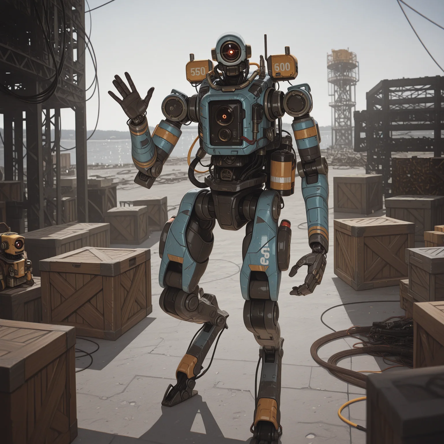 masterpiece, best quality, absurdres, highres, high quality, highly detailed,
1boy, solo, pathfinder \(apex legends\), robot, mecha, one-eyed, mechanical eye, no humans, looking at viewer,
robot joints, mechanical arms, mechanical legs, digitigrade, cable, wire,
backpack, box, crate,
waving,
outdoors, depth of field, cinematic, oil rig, industrial,
no lineart, pixelsketcher, <lora:incase_new_style_red_ill:0.6>, <lora:bonifasko_ill:0.4>, <lora:Better_Robotics:0.9>