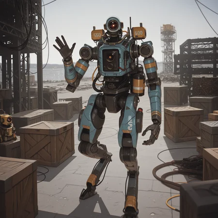 masterpiece, best quality, absurdres, highres, high quality, highly detailed,
1boy, solo, pathfinder \(apex legends\), robot, mecha, one-eyed, mechanical eye, no humans, looking at viewer,
robot joints, mechanical arms, mechanical legs, digitigrade, cable, wire,
backpack, box, crate,
waving,
outdoors, depth of field, cinematic, oil rig, industrial,
no lineart, pixelsketcher, <lora:incase_new_style_red_ill:0.6>, <lora:bonifasko_ill:0.4>, <lora:Better_Robotics:0.9>