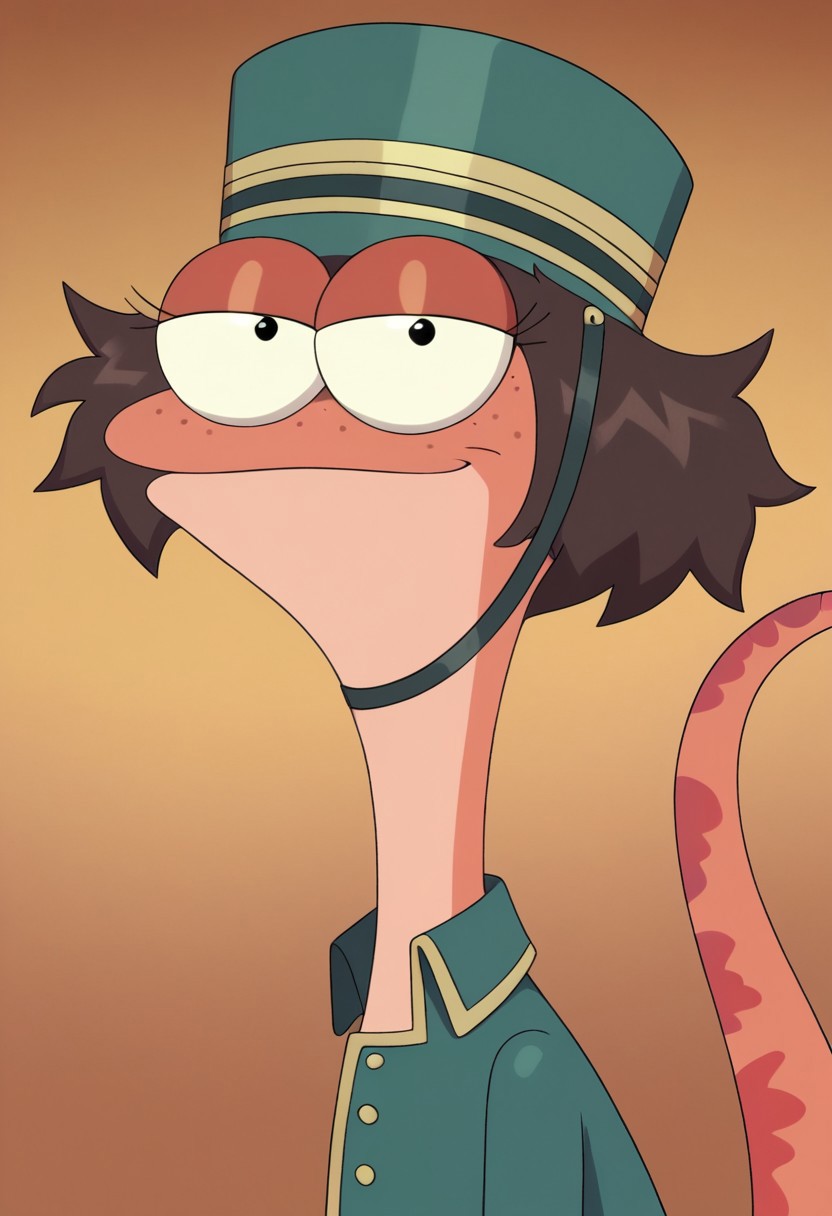((bedroom background)),score_9, score_8_up, score_7_up,score_6_up, 
1girl, Solo, furry, female newt, bella_amphibia, dark brown hair, short messy hair, black eyes, big eyes, salmon skin, light underbelly, freckles, long salmon tail with dark patterns, dark aquamarine doorman hat with gold lines, dark aquamarine doorman jacket with gold details, petrol blue pants with gold trim, barefoot, medium stature, social smile, sexy face, close-up, face photo, perfect eyes, perfect smile, looking at the viewer, big breasts, detailed eyes, perfect eyes