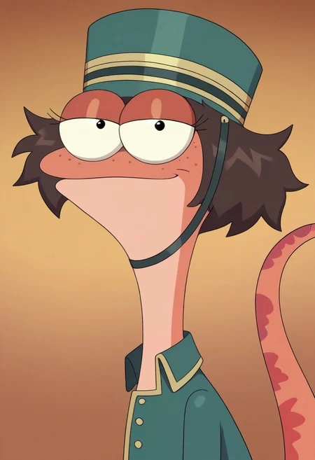 ((bedroom background)),score_9, score_8_up, score_7_up,score_6_up,
1girl, Solo, furry, female newt, bella_amphibia, dark brown hair, short messy hair, black eyes, big eyes, salmon skin, light underbelly, freckles, long salmon tail with dark patterns, dark aquamarine doorman hat with gold lines, dark aquamarine doorman jacket with gold details, petrol blue pants with gold trim, barefoot, medium stature, social smile, sexy face, close-up, face photo, perfect eyes, perfect smile, looking at the viewer, big breasts, detailed eyes, perfect eyes