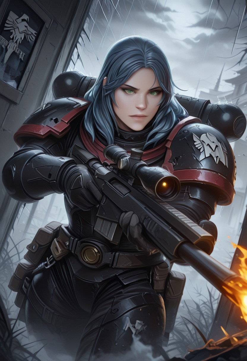 masterpiece, best quality, high quality, newest, highres,8K,HDR,absurdres, dynamic angle, realistic,  wearing edgRG_(power armor), pauldrons, raven emblem, solo, 1girl, Alice, blue hair, long hair, green eyes, perfect eyes, holding a sniper, broken window, silhouette, creepy, backlit, haunted, storm,  fog, mist, cold, blue fog,  fire, explotion, dutch angle,  dark outside, solo, close up, mid shot, dutch angle, half body portrait,  <lora:edgIllustriousXL_Raven_Guard:1>