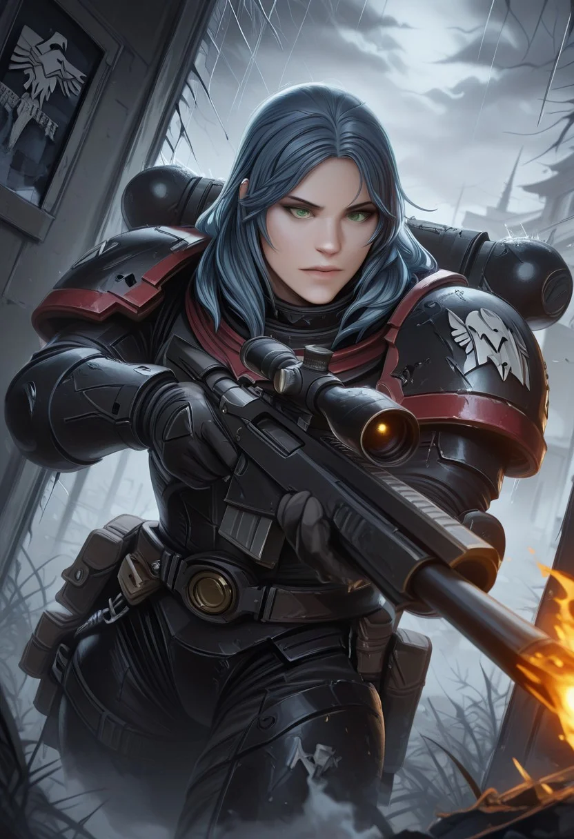 masterpiece, best quality, high quality, newest, highres,8K,HDR,absurdres, dynamic angle, realistic, wearing edgRG_(power armor), pauldrons, raven emblem, solo, 1girl, Alice, blue hair, long hair, green eyes, perfect eyes, holding a sniper, broken window, silhouette, creepy, backlit, haunted, storm, fog, mist, cold, blue fog, fire, explotion, dutch angle, dark outside, solo, close up, mid shot, dutch angle, half body portrait, <lora:edgIllustriousXL_Raven_Guard:1>