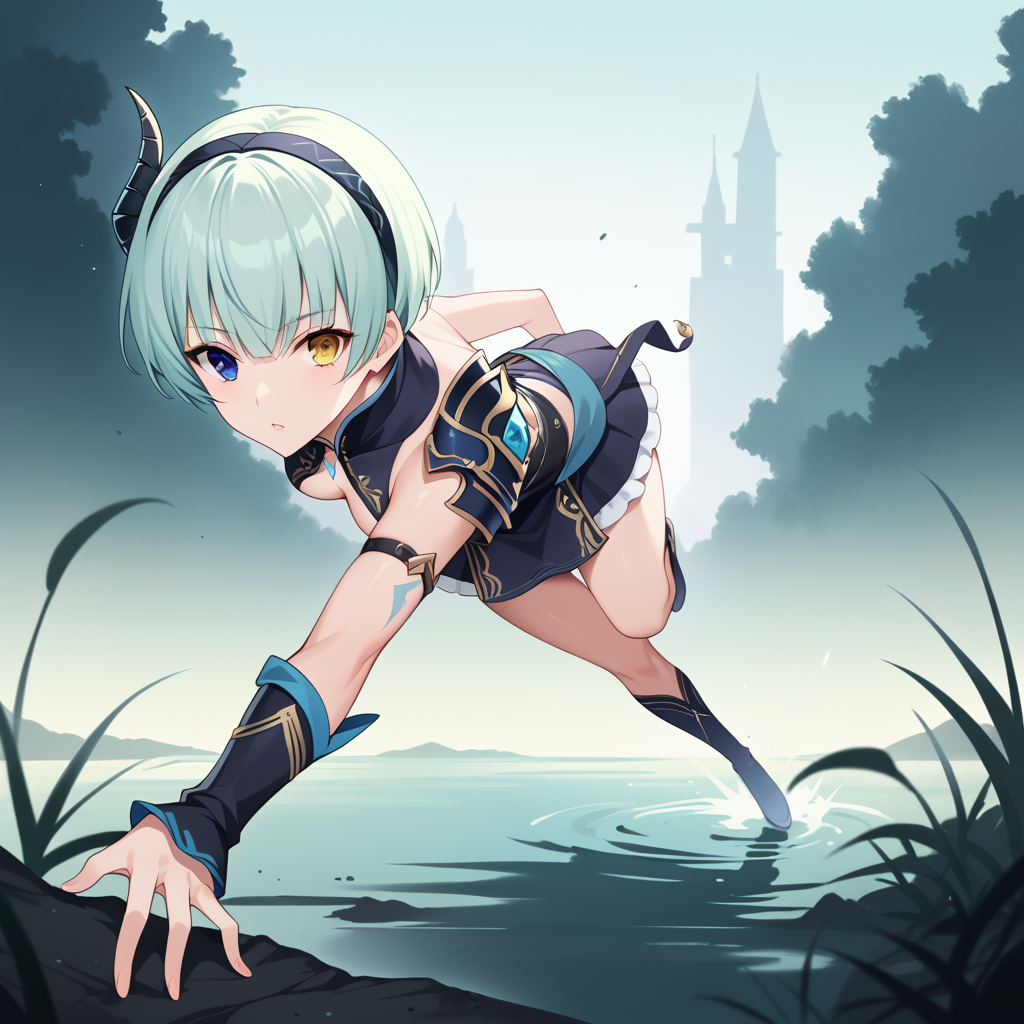 score_9, score_8_up, score_7_up, best quality, masterpiece, source_anime, zPDXL3, BREAK, <lora:raegrinna:1>laeginnaoutfits, raegrinna, 1girl, short hair, heterochromia, side view, Running with one arm extended forward, in a swamp, fog, green mist ,