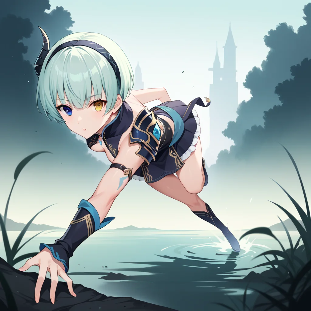 score_9, score_8_up, score_7_up, best quality, masterpiece, source_anime, zPDXL3, BREAK, <lora:raegrinna:1>laeginnaoutfits, raegrinna, 1girl, short hair, heterochromia, side view, Running with one arm extended forward, in a swamp, fog, green mist ,