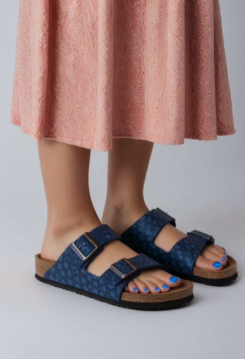 1girl, solo, simple_background, white_background, birksonfeet, blue_toenail_polish, close-up, lower_body, footwear_focus, patterned, long_skirt