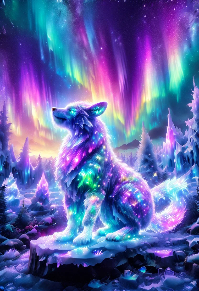 lazympos, morph-aurora, A platinum-tier animal sitting in an aurora-lit crystal forest, prismatic light shards refract through ice formations, glowing celestial patterns dance across its obsidian collar, hyper-detailed fur texture with rainbow iridescence, 8k resolution.