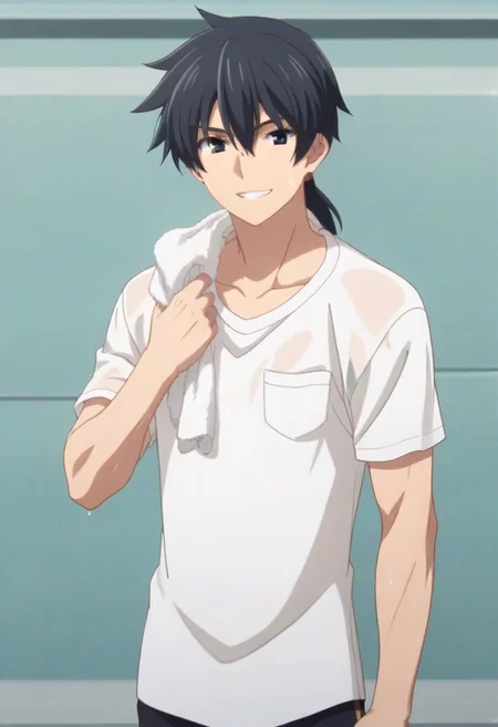 ((masterpiece)), ((best quality)), ((ultra-detailed)), ((absurdres)), score_9_up, score_8_up, score_7_up,
HD, top quality, best quality, amazing quality, High-quality illustrations, anime screencap, source_anime, best aesthetic, perfect proportions, perfect eyes, 1boy, 1male, solo boy, solo male, Anime, boy, male anime character, anime boy, handsome, attractive, cute, charming, sexy, hot, ((tall, tall height, tall body)), ((lean body, slim body)), Glenn Radars, gray-black hair, ponytail, gray-black eyes, gray tank top, towel hanging from neck, smiling with teeth, sweaty, wet clothes, cowboy shot, head to hips shot