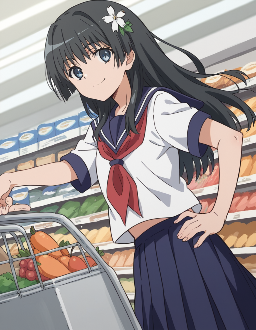 score_9, score_8_up, score_7_up, source_anime, <lora:saten-ruiko-s3-ponyxl-lora-nochekaiser:1>, saten ruiko, black hair, blue eyes, long hair, hair ornament, flower ornament,, blue skirt, pleated skirt, sakugawa school uniform, school uniform, serafuku, skirt, summer uniform,, grocery store, shopping cart, picking fruits, everyday life, , smile, looking at viewer, knee bent, hand on hip, arm outstretched, solo,, cowboy shot, dutch angle