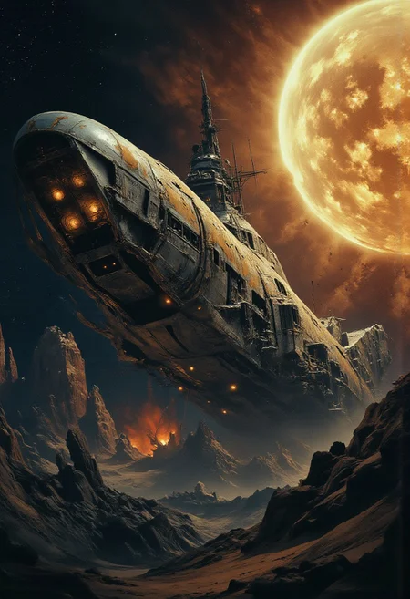 Amidst the endless void of space, a derelict spaceship drifts silently in the orbit of giant sun, its bright metallic hull scarred by time and forgotten battles. The ship’s structure is vast, broken and crumbling, with patches of glowing alien substance overtaking its once pristine surfaces. Stars twinkle faintly in the deep sky, casting a soft, eerie light on the wreckage. The scene exudes a feeling of melancholy, as if the ship is a ghost of a forgotten era, lost to both time and space. The dramatic contrast between the decaying spaceship and the starry backdrop adds a fantasy twist to this sci-fi setting. Inspired by John Harris, Chris Foss, and H.R. Giger,rust,dirt,complexity,suspenseful,lost technology,futuristic, haze,mystical touch,best quality,masterpiece,epic scale,scenery,no humans,light particles,high resolution,acid colors, intense colors,professional,dynamic composition,in motion,dynamic angle,extreme detailed,close-up, John Berkey, Ridley Scott,Zdzislaw Beksinski,godrays,directional lighting, reflections