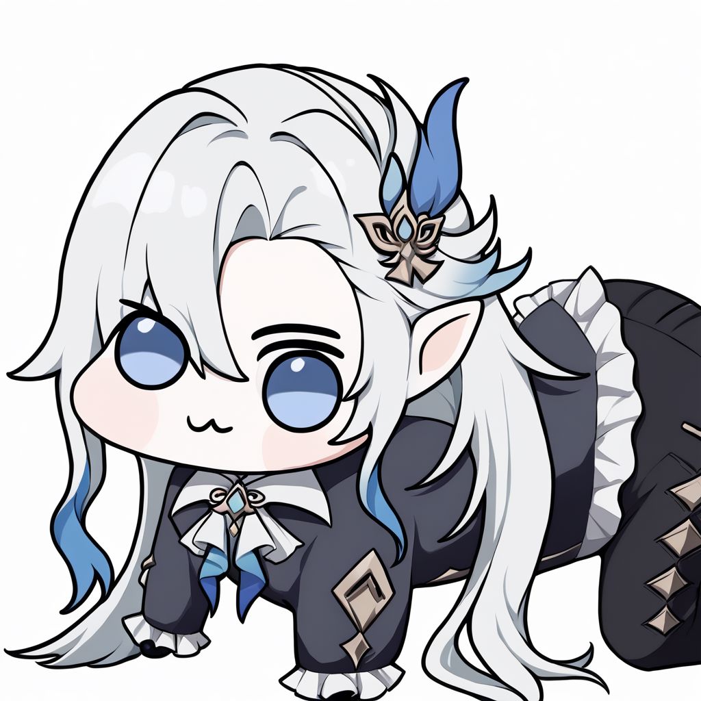neuvillette, doro, creature, :3, chibi , long hair, 1boy, solo, male focus, white background, hair ornament, all fours, blue hair, white hair, multicolored hair, full body, ascot, pointy ears, simple background, looking at viewer, long sleeves, frilled sleeves, black pants, formal, pants, feather hair ornament, long hair, 1boy, feather hair ornament, four legs    zPDXL