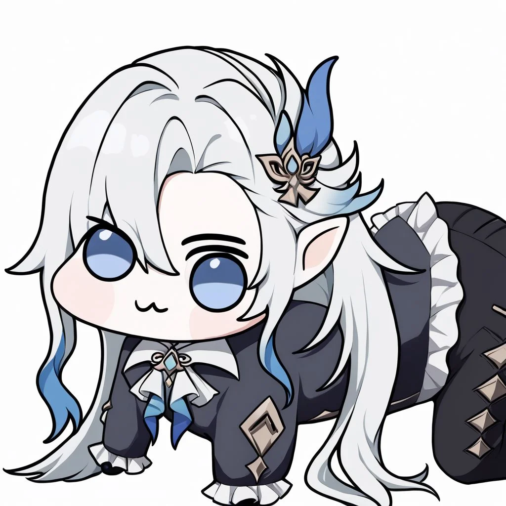 neuvillette, doro, creature, :3, chibi , long hair, 1boy, solo, male focus, white background, hair ornament, all fours, blue hair, white hair, multicolored hair, full body, ascot, pointy ears, simple background, looking at viewer, long sleeves, frilled sleeves, black pants, formal, pants, feather hair ornament, long hair, 1boy, feather hair ornament, four legs    zPDXL