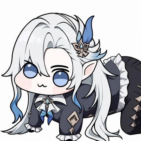 neuvillette, doro, creature, :3, chibi , long hair, 1boy, solo, male focus, white background, hair ornament, all fours, blue hair, white hair, multicolored hair, full body, ascot, pointy ears, simple background, looking at viewer, long sleeves, frilled sleeves, black pants, formal, pants, feather hair ornament, long hair, 1boy, feather hair ornament, four legs zPDXL
