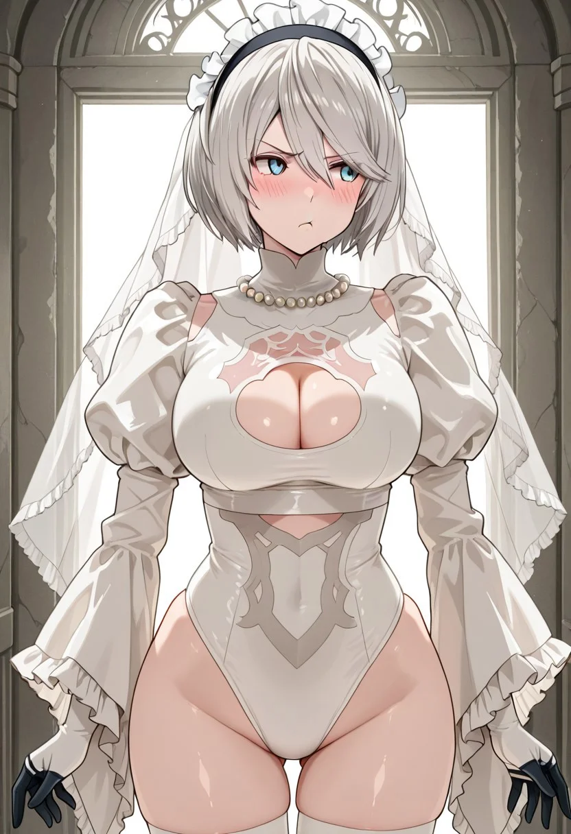stand up, score_9,score_8_up,score_7_up, detailed anime, nier anime style, screencap. source anime, masterpiece, detailed photo, perfect body, perfect face, pureerosface_v1, 2bWedding, 1girl, solo, clothing cutout, bridal gloves, cleavage cutout, high heels, large breasts, curvy, wide hips, large hips, silver hair, short hair, blue eyes, thighhighs, white leotard dress, thighhighs boots, high heel boots, white leotard, hairband, no blindfold, long sleeves, ((black with white gloves)), wide sleeves, white thighhighs, thigh strap, cleavage, pink lips, puffy sleeves, underwear, 1mole under mouth, leotard, parted lips, juliet sleeves, frills, white frilled hairband, detached sleeves, veil, pearl necklace, highleg leotard, see-through clothes,
BREAK
standing, frontal view, shiny skin, smoothy skin, blush, ((pout)), closed mouth, looking to the side, ((upper body)),