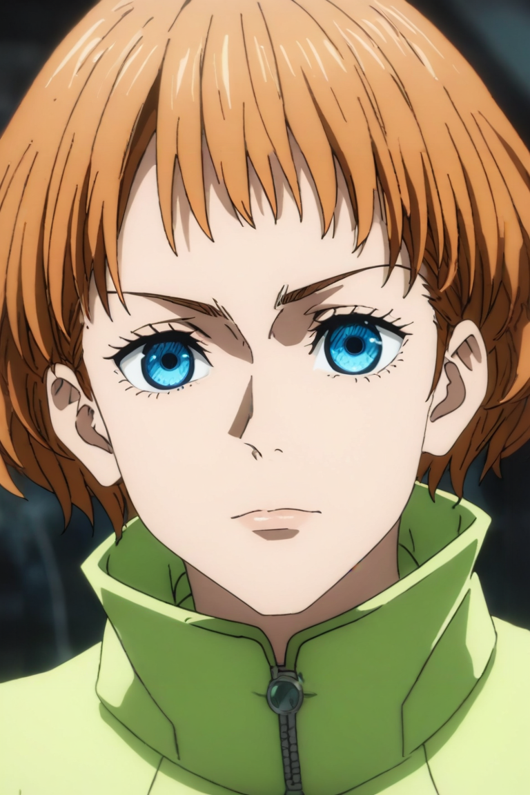 score_9, score_8_up, score_7_up, source_anime, rating_safe, intricate details, anime screencap, anime coloring, , looking at viewer, upper body, depth of field, 1girl, blue eyes, orange hair, outerwear,, solo, Elemental Glow, <lora:jujutsu_kaisen_style_pony:0.94>, jujutsu_kaisen_style, <lora:sdxl_lightning_8step_lora:1>