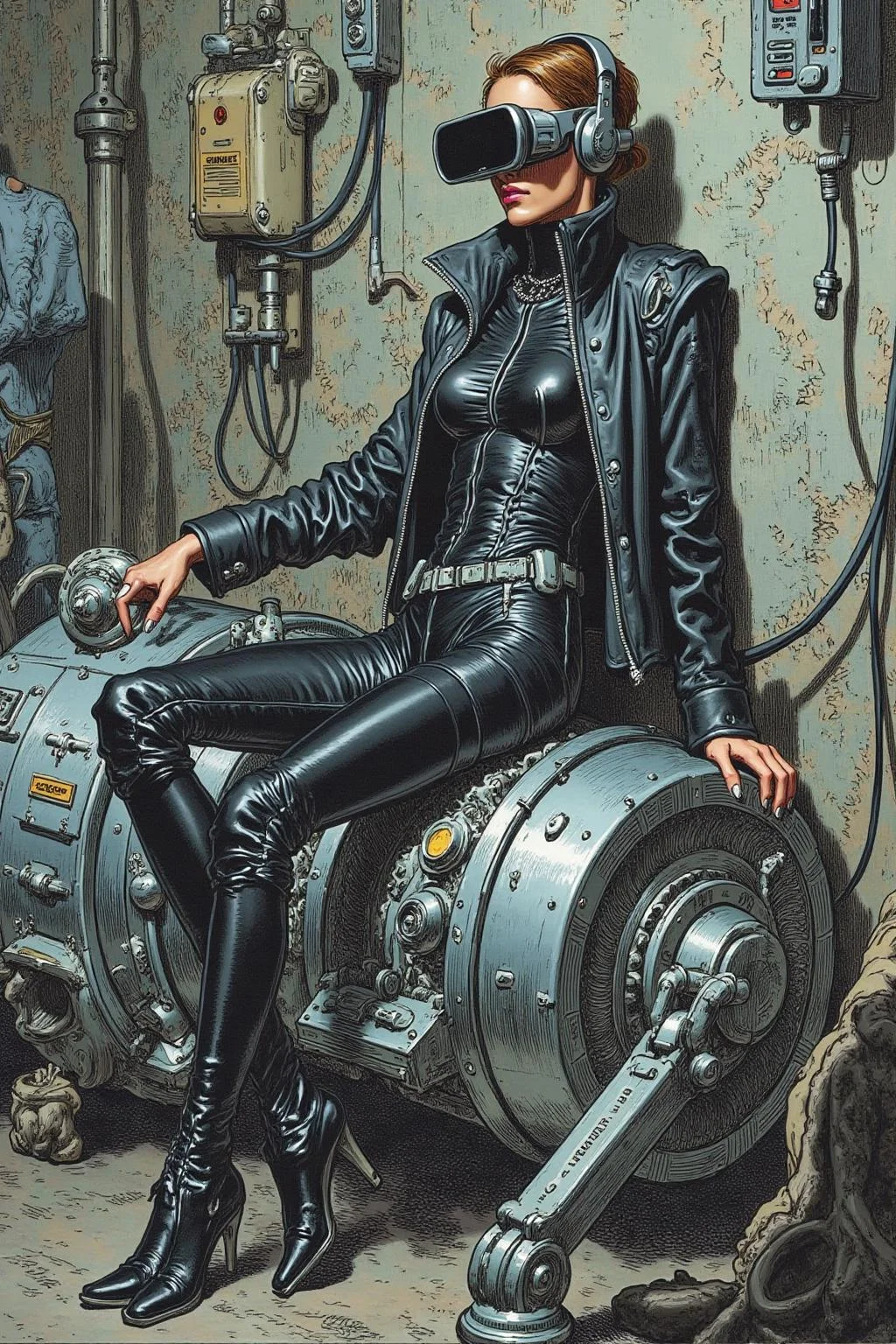 gusdore1 illustration of a striking, futuristic scene depicts a woman dressed in sleek, form-fitting leather attire, sitting confidently atop an open power suit, inspired by the cyberpunk aesthetics of Masamune Shirow. The power suit, a blend of advanced technology and military-grade armor, features intricate mechanical details, exposed wiring, and a robust, yet streamlined design. The woman, wearing a cutting-edge VR headset, exudes a sense of control and mastery over the machine beneath her. Her posture is relaxed yet commanding, with one hand resting on the suit’s metallic surface and the other casually holding a piece of advanced tech. The background is a high-tech industrial setting, with dim lighting that casts dramatic shadows, highlighting the fusion of human and machine. The overall atmosphere is one of futuristic coolness and cybernetic elegance, capturing the essence of Shirow’s iconic style <lora:gusdore1_nocap_d4a2e8:1.0><lora:800988461566951599:0>