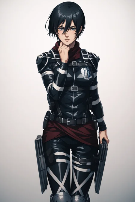 score_9, score_8_up, score_7_up, score_6_up, BREAK source_anime, <lora:adult mikasa ackerman-PonyXL-lora-faxtron:0.8> adult mikasa ackerman, black eyes, black hair, short hair, medium breasts, military uniform, armor, belt, thigh strap,