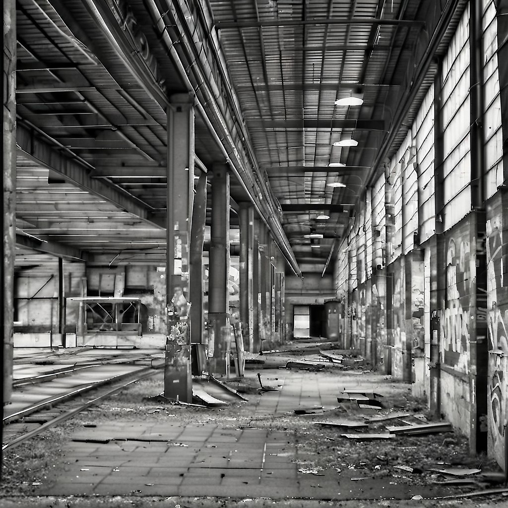 hasselblad monochrome, ein altes lostplace - alte fabrik - irgendwo in deutschland, innenansicht, gro﷿e halle