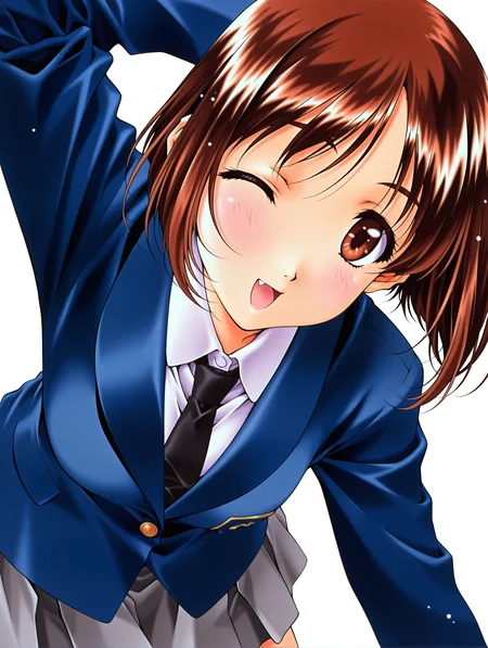 masterpiece,best quality,newest,
1girl,solo,
<lora:yamamoto_rurika_ilxl_v1.0>,y_ruruka,short hair,brown hair,brown eyes,r_clothes,blue jacket,long_sleeves,grey mini skirt,
<lora:Fixhands_anime_bdsqlsz_V1:1>,white_background,simple_background,looking_at_viewer,light_blush,upper_body,one eye closed,open mouth,:d,front view,