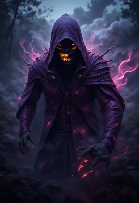horror show, monster, nightmare, fear, Cinematic style
"A dark, hooded figure stands in the midst of thick fog. The creature's eyes glow with hellish fire, as if the darkness itself is pouring through them. Its face is covered in shadow, but from beneath the dark purple hood, a vicious yellow skull can be seen, twisted with malice. A clawed hand reaches forward, as if calling or cursing. Magical energy swirls around it, like smoke, poisoning the air with an ominous aura. This creature is an embodiment of horror, a creature of deep nightmares, guarding the secrets of an ancient curse."