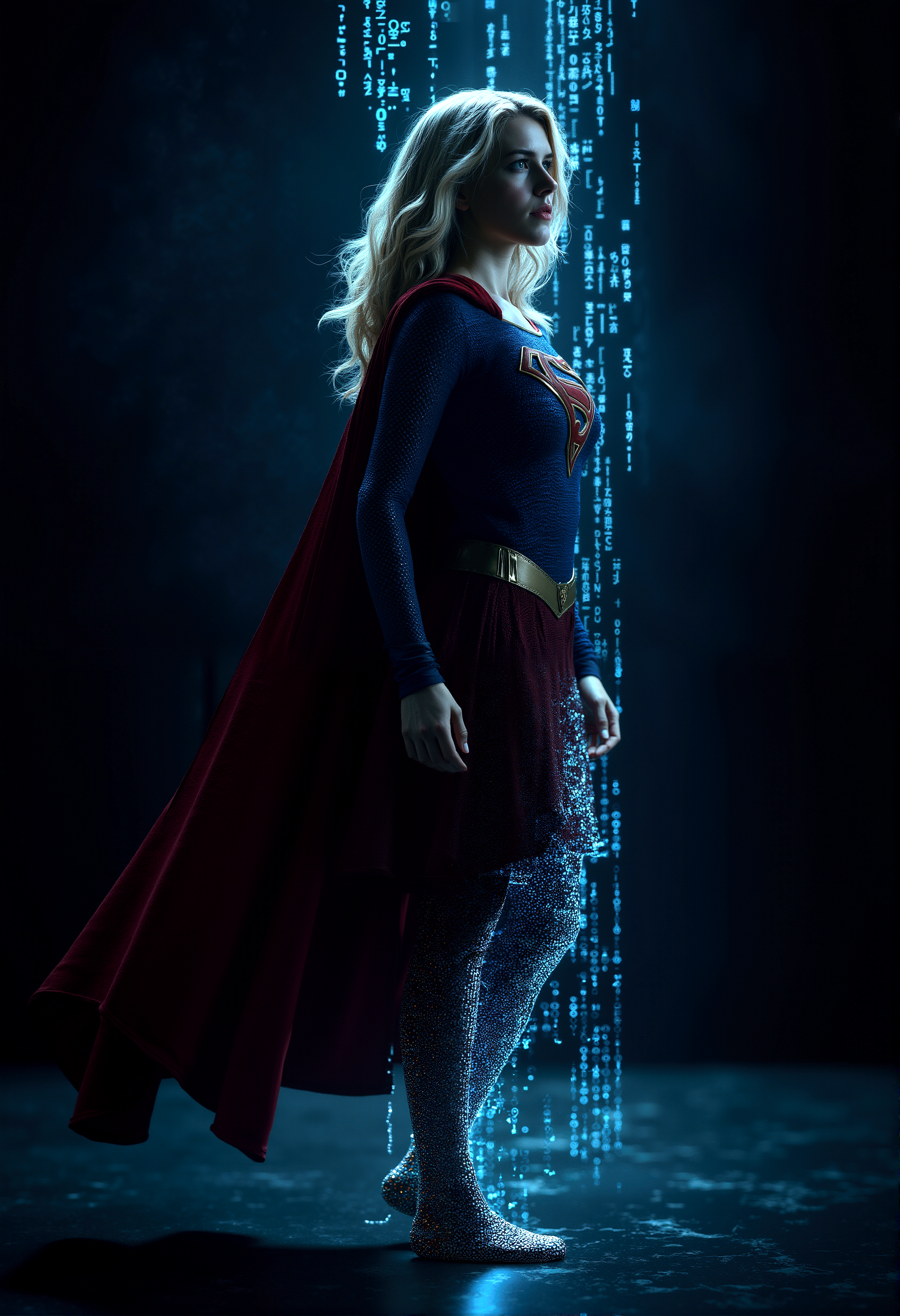 Photorealistic image of supergirl,  standing confidently in a dark, digital environment, her figure partially dissolving into cascading binary code that flows from her legs, blending her physical form with the cybernetic world around her.

cinematic lighting, extremely intricate detail character, accurate depiction of character, correct body anatomy, correct hands and fingers, extremely intricate skin and facial texture detail, design,lifelike potrayal, extrememly realistic lighting, extreme dynamic pose, sfw, fully clothes, sharp background detail, wide shot










