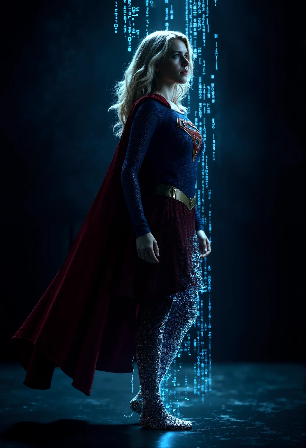 Photorealistic image of supergirl, standing confidently in a dark, digital environment, her figure partially dissolving into cascading binary code that flows from her legs, blending her physical form with the cybernetic world around her.
cinematic lighting, extremely intricate detail character, accurate depiction of character, correct body anatomy, correct hands and fingers, extremely intricate skin and facial texture detail, design,lifelike potrayal, extrememly realistic lighting, extreme dynamic pose, sfw, fully clothes, sharp background detail, wide shot