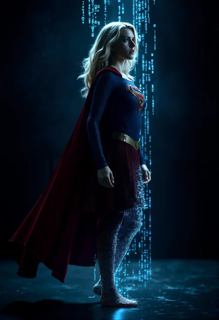 Photorealistic image of supergirl, standing confidently in a dark, digital environment, her figure partially dissolving into cascading binary code that flows from her legs, blending her physical form with the cybernetic world around her.
cinematic lighting, extremely intricate detail character, accurate depiction of character, correct body anatomy, correct hands and fingers, extremely intricate skin and facial texture detail, design,lifelike potrayal, extrememly realistic lighting, extreme dynamic pose, sfw, fully clothes, sharp background detail, wide shot