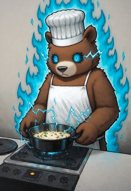 solo, lukch, no humans, painting_\(medium\), chef hat, bear, brown fur, apron, cooking, hands on stove, (electrokinesis), [aura], excited, glowing sclera, messy hair,
painting_\(medium\), traditional media, best quality, absurdres, [dynamic pose]