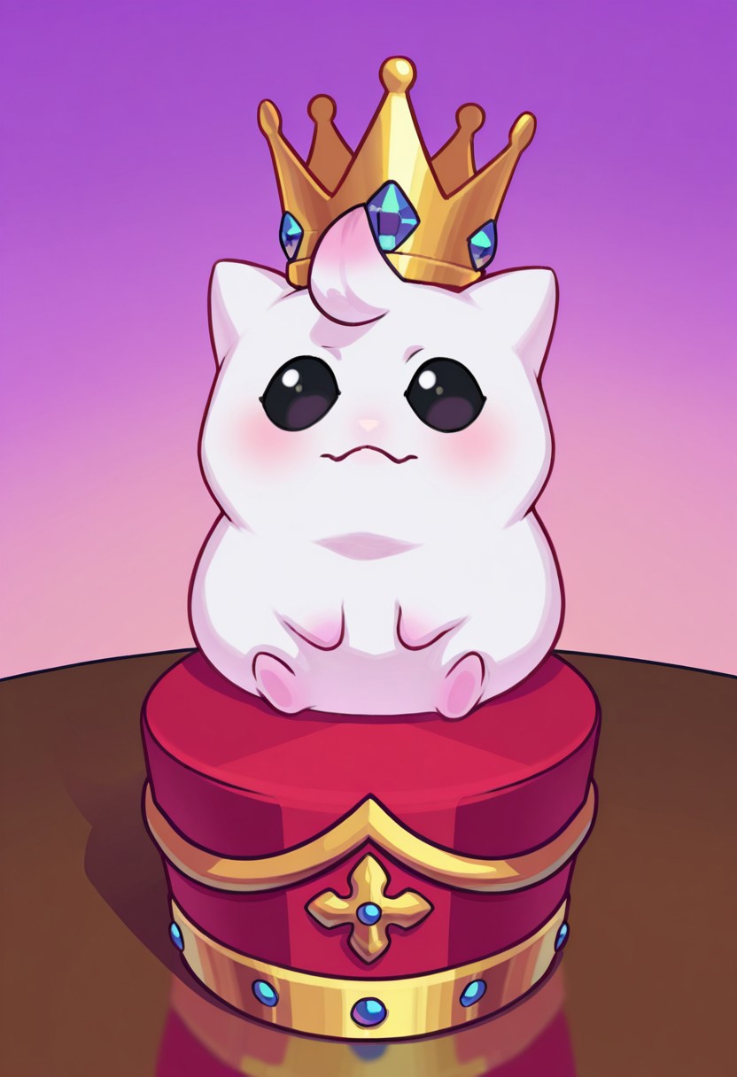 DJco, Crown_(object), cute tiny creature with a crown sitting on a table, no humans, no characters