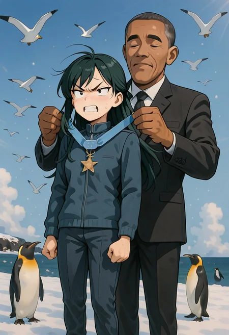 masterpiece, best quality, amazing quality, very aesthetic, absurdres, newest, IllusP0s, receiving medal of honor from half-white president, pelican, penguin, angry_expression, standing_to_the_side, medal_ceremony, anthropomorphic_animal, feather_detail, outdoor, formal_setting, dramatic_lighting