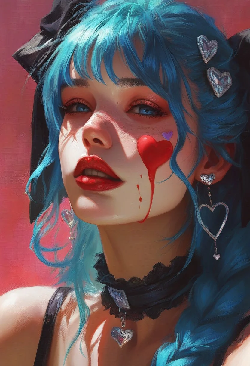 Femmes_ST, masterpiece, best quality, very aesthetic, high resolution, ultra-detailed, absurdres, newest, 1girl, solo, long hair, looking at viewer, bangs, blue eyes, hair ornament, bow, jewelry, blue hair, upper body, braid, hair bow, heart, earrings, choker, lips, single braid, blood, black choker, portrait, hair over shoulder, freckles, blood on face, nose, red lips