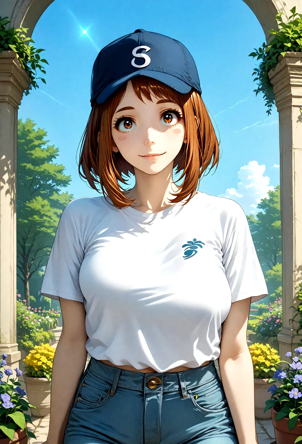 1girl, solo, uraraka ochako, brown hair, brown eyes, ocurk1ck1x, sk3lun1f0rm, large breasts:1.1, simple background, glowing light, thighs, light smile, looking at viewer, (garden, outdoors, baseball cap, t-shirt, jeans)