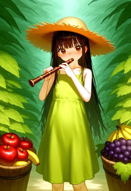 masterpiece, best quality, good quality, fltccktl,
1girl, solo, long hair, looking at viewer, blush, brown hair, black hair, dress, hat, holding, bare shoulders, brown eyes, standing, collarbone, food, sleeveless, bare arms, sleeveless dress, feet out of frame, fruit, leaf, instrument, green dress, music, straw hat, apple, holding instrument, playing instrument, grapes, banana, flute
<lora:ai_styles_collection_noob_eps_v1:1>