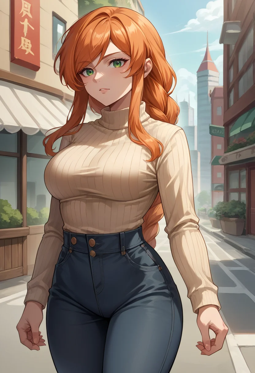 score_9, score_8_up, source_anime, 1girl, solo, FlammeFrieren, orange hair, green eyes, long hair, braided ponytail, sweater, ribbed sweater, long sleeves, high-waist pants, outdoors, city, <lora:ChamFlammePonyXL:1>