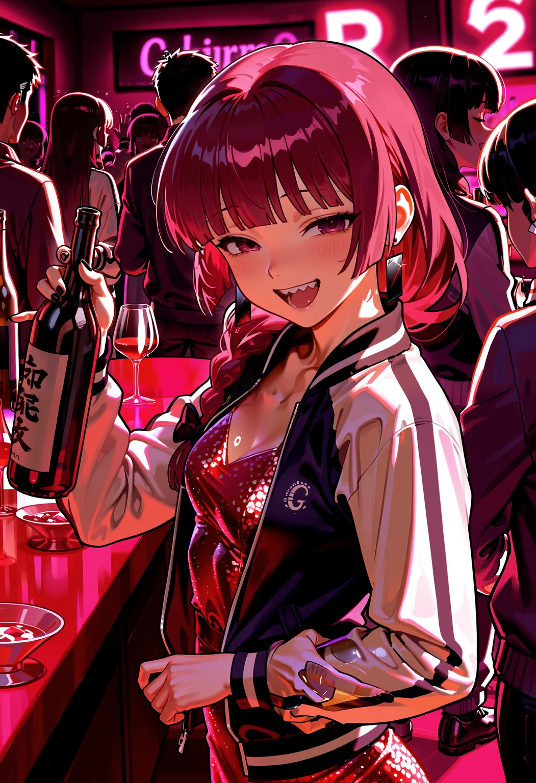 hiroi kikuri, glistening skin, sharp teeth, black nails, red cocktail dress, sequins, track jacket, open jacket, holding sake bottle, drunk, talking to viewer, bar, ornate, people, sidelighting, chiaroscuro, high contrast, masterpiece, best quality, newest, absurdres, highres, very awa,