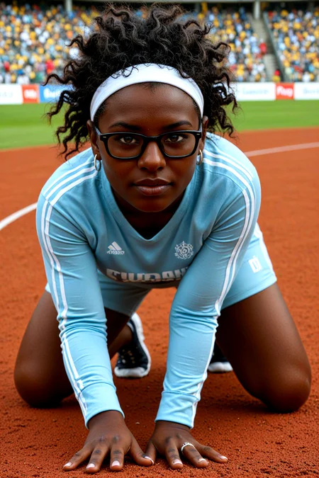 <lora:pytorch_lora_weights_361535:1>,<lora:Skin Color_alpha1.0_rank4_noxattn_250steps:2.1>,Open high jump zone on a stadium field, golden hour lighting casting long shadows, (sunlight haze:1.2), occasional wind fluttering nearby flags,
A professional  full body photography of a  48 year old Spanish  Woman,solo,light Blue eyes,(medium length dark hair),wavy hairs Layered Cut ,,kawaii,petite,freckles,glasses,,ring,(peachfuzz:1.2),(fine bodyhair:1.1),(fine hair:1.1),Defined brows with light taupe eyeshadow and a soft rose lipstick,
Dressed in cobalt tight spandex shorts, cropped white dry-fit long-sleeve top, dark grey track spikes, white headband.,do push-ups ,, highly detailed skin with hairs,detailed skin,detailed face,detailed eyes,sharp focus,Masterpiece,best quality,realistic,HDR, 8K, masterpiece, best_quality, absurdres, ultra-detailed, highly_aesthetic, highly_detailed_eyes, depth_of_field, realistic_body