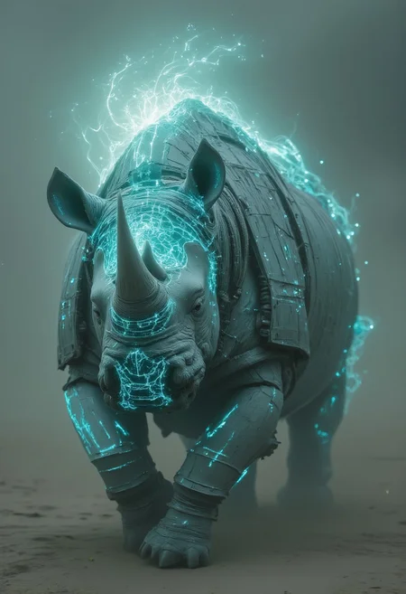 Old photo of an armored elysium war Drone bot resembling a rhino, Closeup, bleaked turquoise white ethereal, high contrast, Action Scene,