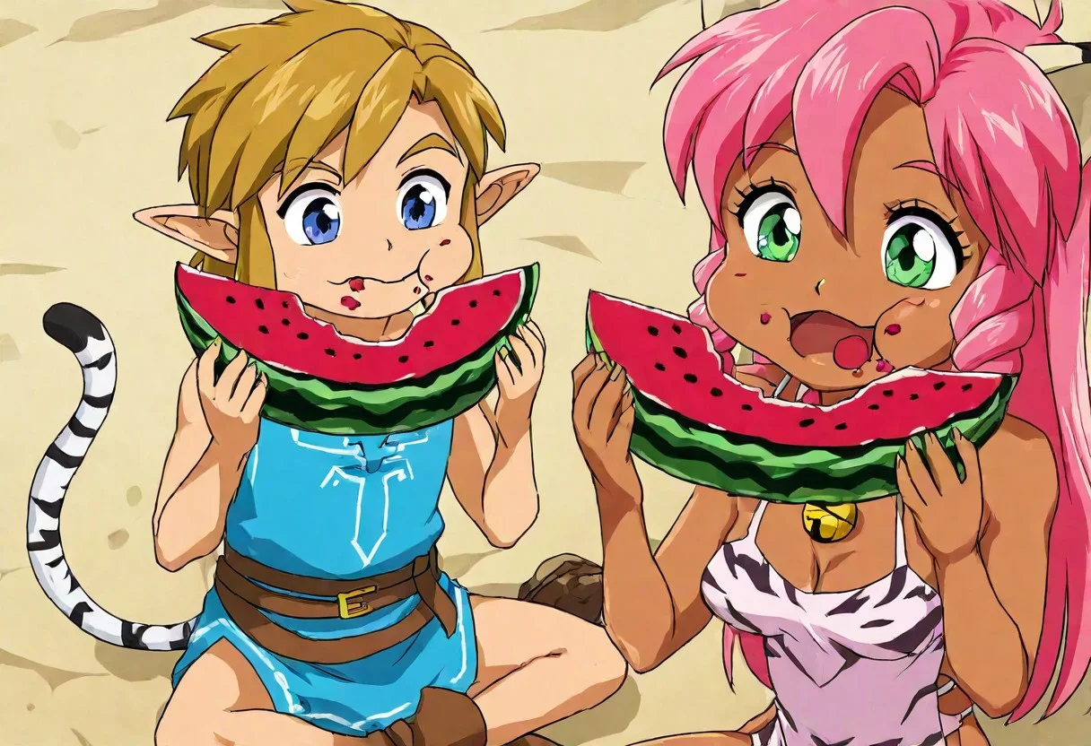Pink_DragonPink, 1girl, sleeveless dress, white tiger print dress, pelvic curtain, cleavage, cat bell necklace, white tiger tail, red sash, small breasts, leather shoes, masterpiece, very aesthetic, <lora:pink-illustrious:1>, 
Break
1boy,Anime screencap,link (zelda),blonde hair,blue eyes,pointy ears, low ponytail, sidelocks, wearing blue hyilian tunic,
Break
Sunny day at a beach, sitting on beach, eating, happy expression,  open mouth, chewing, munching, holding, holding food, eating, food in hands, Pink and Link eating watermelon