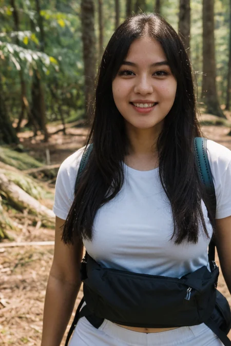 photo realistic, 4k, highly detailed full body photo of a beautiful girl her name is Ayu Dewi, 25yo, (round faced shape:1.2), black hair, long hair, dynamic pose, candid, happy, in deep forest, white t-shirt, black hot pants, hiking to mountain, cargo backpack,
<lora:detail_slider_v4:1>, <lora:weight_slider_v2:0.5>, <lora:saggy_breast_v1.1:0.6> saggy, <lora:breastsizeslideroffset:0.1>, <lora:skin_tone_slider_v1:0.5>, <lora:skin_texture_v2:0.4>, <lora:difConsistency_photo:0.8>,