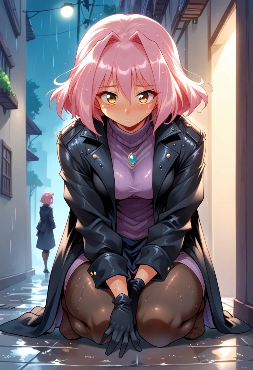 score_9, score_8_up, score_7_up, source_cartoon, solo, robot woman, black coat, purple turtleneck, black pantyhose, black gloves, (caught in the rain, on her knees, sad, wet:1.3), (indirect lighting, dynamic lighting:1.4), back alleyway, at night, (detailed image, high resolution, 5k resolution:1.0), (las lindas style), (anime Art Style:1.2)