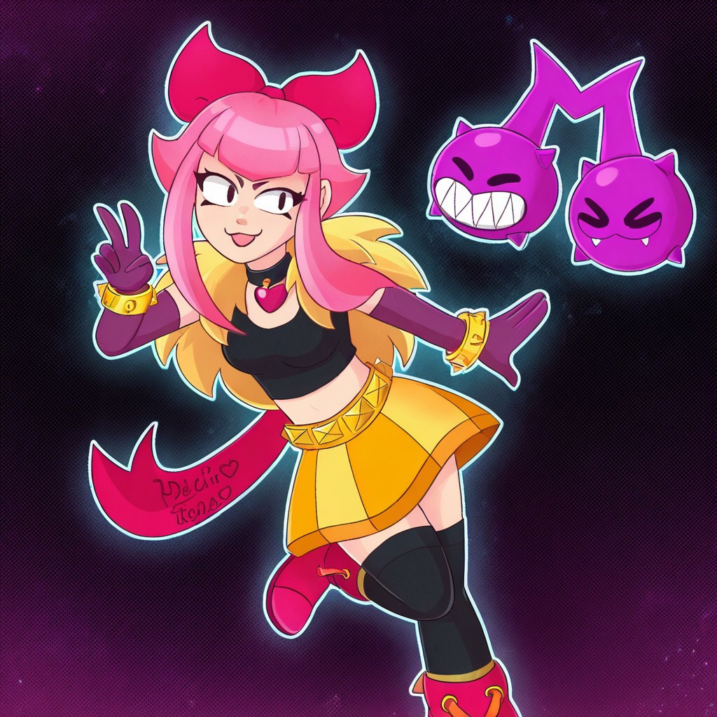 melodie \(brawl stars\), 1girl,pink hair,sidelocks,v-bangs,hair bow, black top,yellow skirt, spiked bracelet,spiked belt,elbow gloves,choker,heart pendant,black thighhighs,pink boots, creature note, purple ghost, twin purple \(creature\)