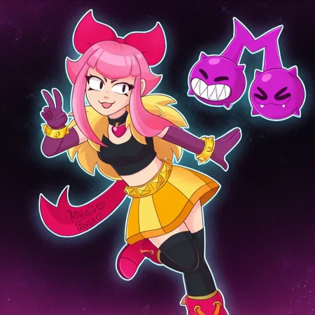 melodie \(brawl stars\), 1girl,pink hair,sidelocks,v-bangs,hair bow, black top,yellow skirt, spiked bracelet,spiked belt,elbow gloves,choker,heart pendant,black thighhighs,pink boots, creature note, purple ghost, twin purple \(creature\)