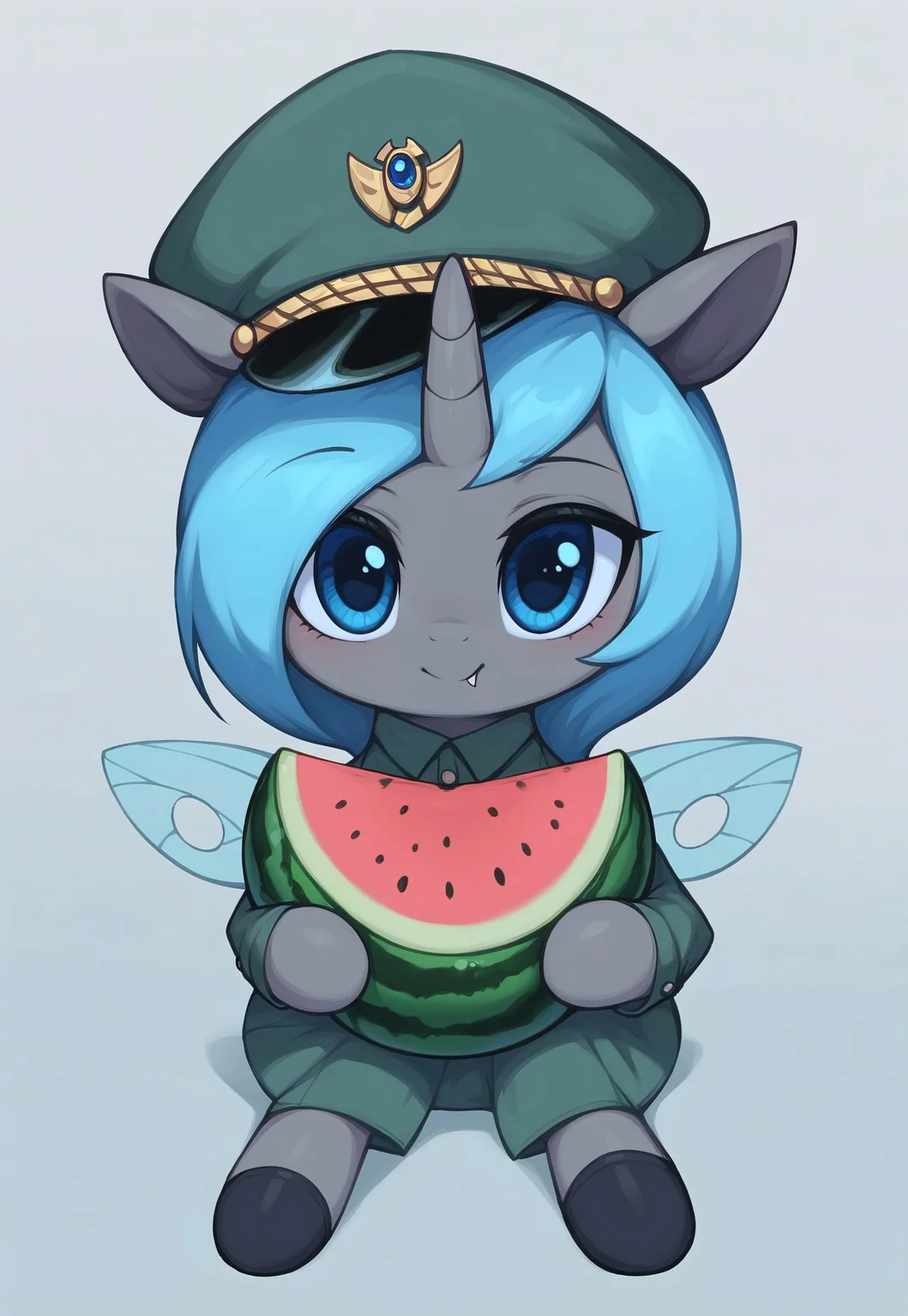 masterpiece, score_9_up, score_8_up, score_7_up, score_6_up, (best quality:1.1), ultra-detailed, high resolution, solo, Carolina Phymata, changeling oc, female, mlp, cute, feral, gray skin, short blue mane,
Beautiful blue eyes, eyebrows, blue insect wings, tail, single horn, ears, fang, military uniform, military patches, peaked cap, (holding a watermelon:1.3), Looking at the viewer BREAK fumo, fumos, plushie, cute, toys, dolls, toy, fumo style, Fumo plush doll, fumo \(doll\) BREAK (high angle:1.3), expressiveh, simple background, highly visible, sharp focus, anatomically correct, highly visible, sharp focus