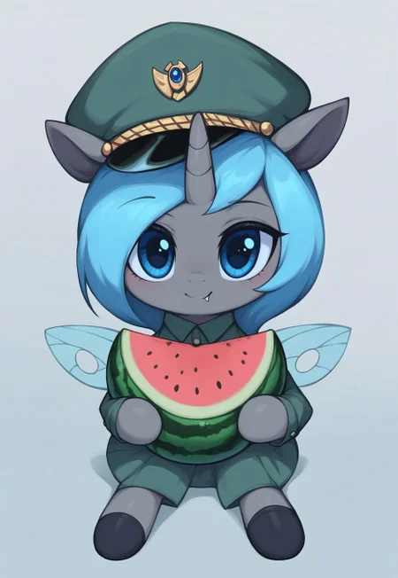 masterpiece, score_9_up, score_8_up, score_7_up, score_6_up, (best quality:1.1), ultra-detailed, high resolution, solo, Carolina Phymata, changeling oc, female, mlp, cute, feral, gray skin, short blue mane,
Beautiful blue eyes, eyebrows, blue insect wings, tail, single horn, ears, fang, military uniform, military patches, peaked cap, (holding a watermelon:1.3), Looking at the viewer BREAK fumo, fumos, plushie, cute, toys, dolls, toy, fumo style, Fumo plush doll, fumo \(doll\) BREAK (high angle:1.3), expressiveh, simple background, highly visible, sharp focus, anatomically correct, highly visible, sharp focus