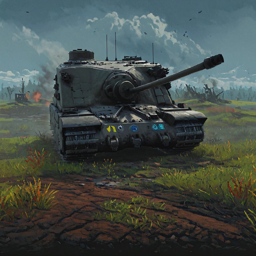 A trtsetnk tank on a foggy European battlefield, its formidable silhouette emerging from the mist as it advances across a field strewn with the remnants of a recent skirmish. The eerie quiet and the damp, foggy air add to the scene's tension and mystery  ((pulp_comic, heavy_lines, hand_drawn, hand_inked, hand_colored, perfect_face, apxlz))