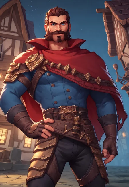 score_9, score_8_up, MalcolmGraves, brown hair, short hair, blue eyes, facial hair, beard, blue long sleeve shirt, red cape, belt, brown fingerless gloves, muscular, pauldron, upper body, looking at viewer, smile, dynamic pose, detailed background, old town, night, dutch angle, leg holsters, black pants, dutch angle, hand on hip,